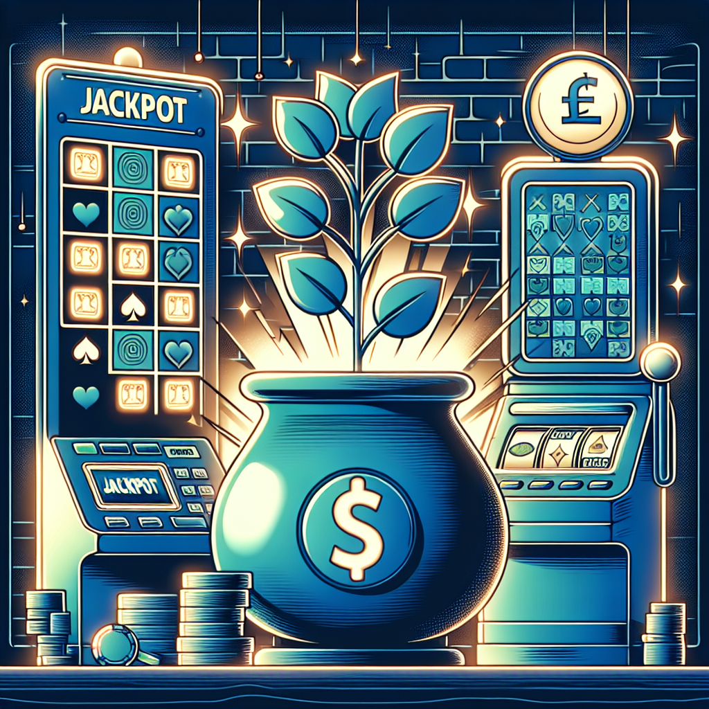 Illustrasjon av en voksende jackpot-pott med skrapelodd og spilleautomat i bakgrunnen, moderne farger, symboler for ansvarlig spilling