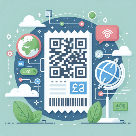 Illustrasjon av skrapelodd og teknologiske elementer: QR-kode, RFID-symbol, jordklode og grønne blader, moderne flat design, klar fargepalett