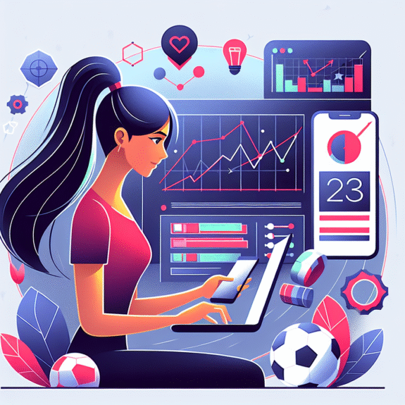 Illustrasjon av en person som analyserer live-odds på en laptop og mobil, med grafer og sportsikon i bakgrunnen, moderne og tydelig fargepalett