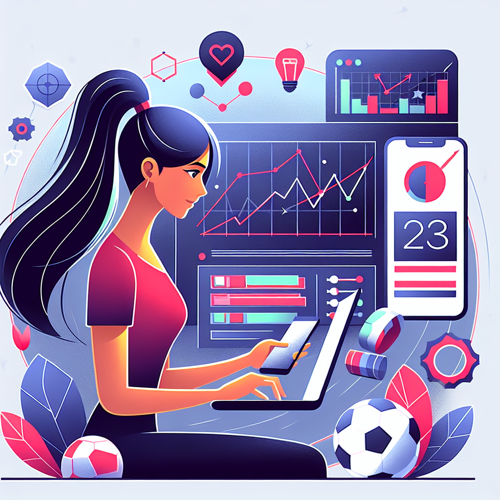 Illustrasjon av en person som analyserer live-odds på en laptop og mobil, med grafer og sportsikon i bakgrunnen, moderne og tydelig fargepalett