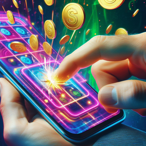 Fargerikt nærbilde av en hånd som skraper et digitalt skrapelodd på en Android-telefon, med levende animasjoner og små mynter som eksploderer i bakgrunnen