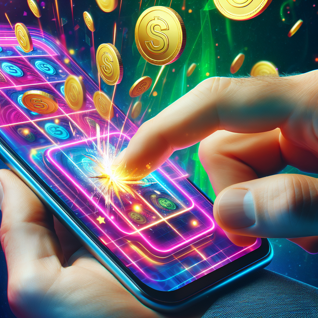 Fargerikt nærbilde av en hånd som skraper et digitalt skrapelodd på en Android-telefon, med levende animasjoner og små mynter som eksploderer i bakgrunnen