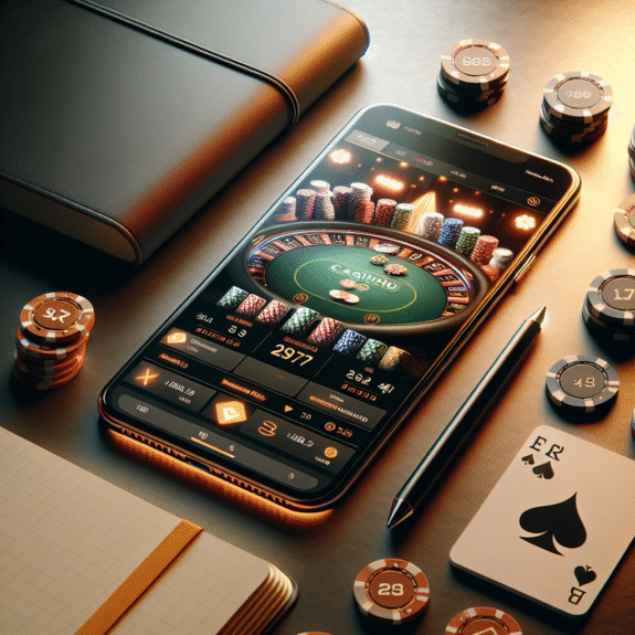 En moderne, stilren komposisjon av casinoelementer: spillekort, pokerchip, en mobilskjerm som viser spill og et rolig notatbok for bankrolplanlegging, i varm belysning