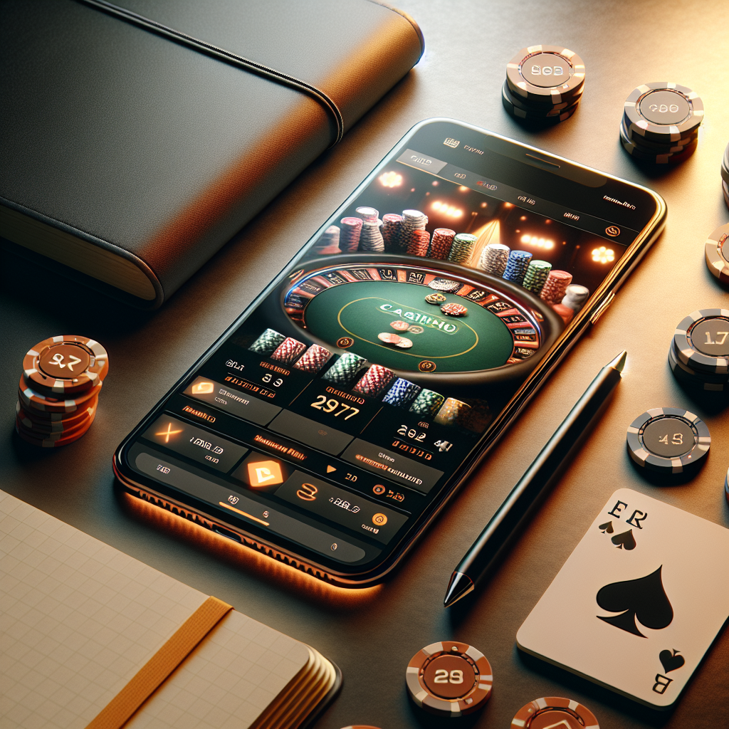 En moderne, stilren komposisjon av casinoelementer: spillekort, pokerchip, en mobilskjerm som viser spill og et rolig notatbok for bankrolplanlegging, i varm belysning